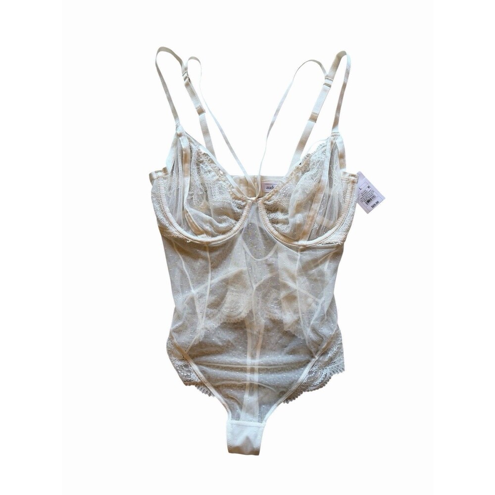 NWT Auden Intimates Women's L Sheer Lace Underwire Bodysuit Off White NEW